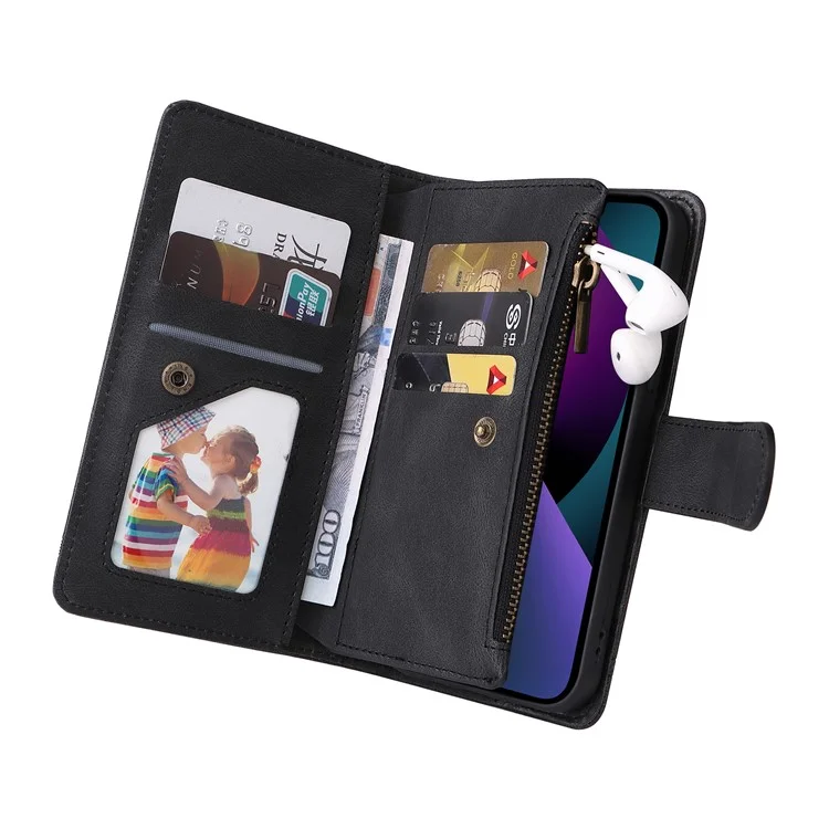 Stripes Imprinted Skin-touch Wallet Stand Fully Wrapped Leather Cover Card Slots Phone Case with Zipper Pocket for iPhone 13 6.1 inch - Black