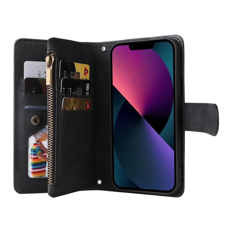 Stripes Imprinted Skin-touch Wallet Stand Fully Wrapped Leather Cover Card Slots Phone Case with Zipper Pocket for iPhone 13 6.1 inch - Black