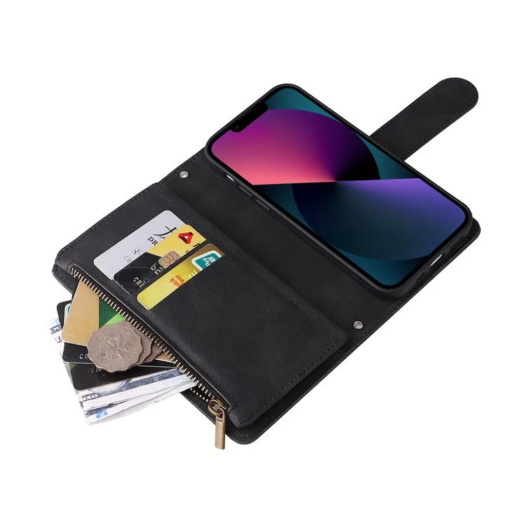 Stripes Imprinted Skin-touch Wallet Stand Fully Wrapped Leather Cover Card Slots Phone Case with Zipper Pocket for iPhone 13 6.1 inch - Black