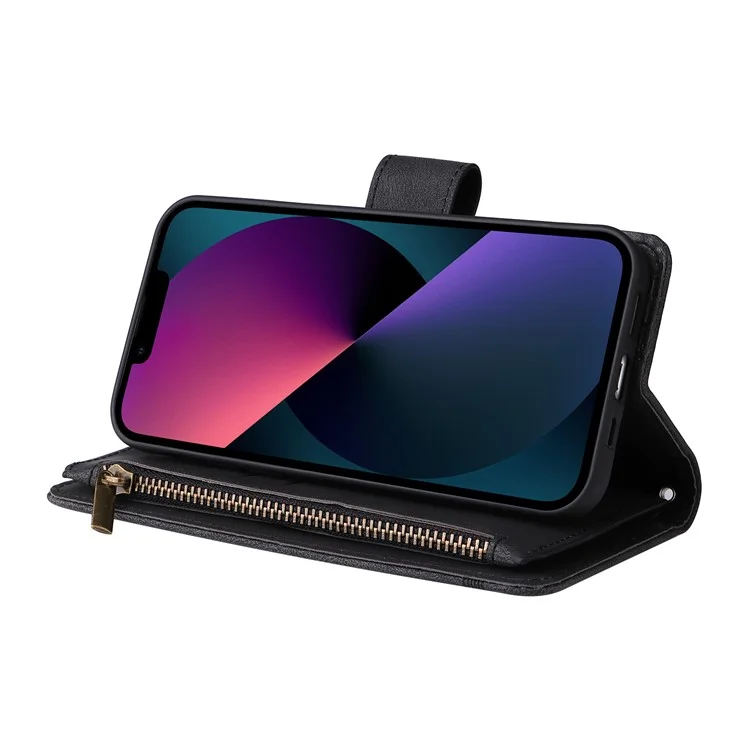 Stripes Imprinted Skin-touch Wallet Stand Fully Wrapped Leather Cover Card Slots Phone Case with Zipper Pocket for iPhone 13 6.1 inch - Black