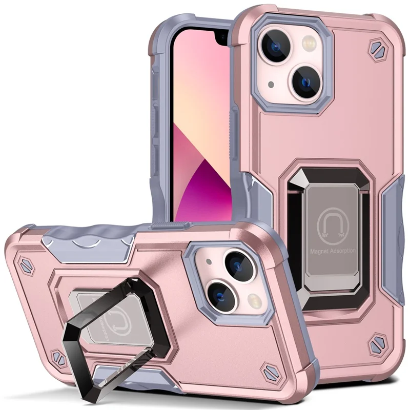 Drop Protection Hard PC Back Flexible TPU Anti-Slip Protective Phone Case with Kickstand for iPhone 13 mini 5.4 inch - Rose Gold