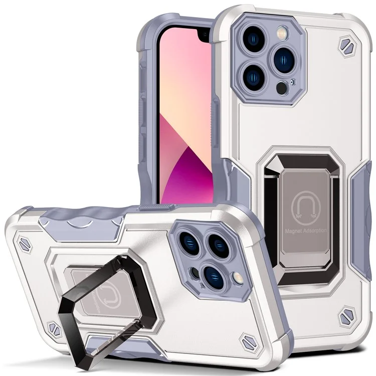Shockproof Ring Kickstand Hybrid Hard PC Soft TPU Protective Case for iPhone 13 Pro Max 6.7 inch - White
