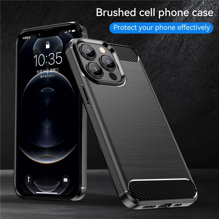 1.8mm Carbon Fiber Brushed Texture Flexible TPU Anti-drop Phone Back Case Cover for iPhone 13 Pro 6.1 inch - Black