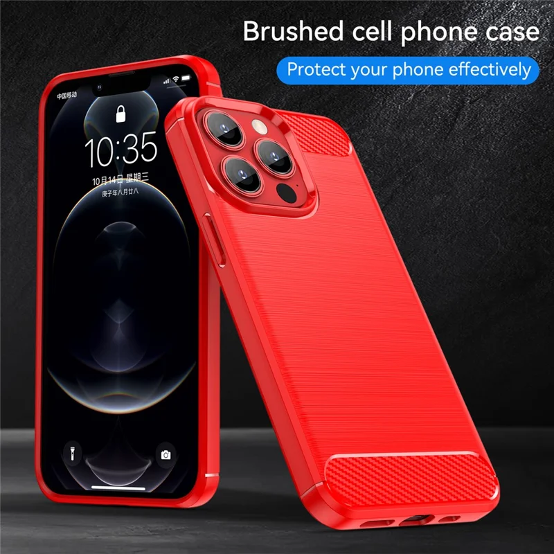 1.8mm Carbon Fiber Brushed Texture Flexible TPU Anti-drop Phone Back Case Cover for iPhone 13 Pro 6.1 inch - Red