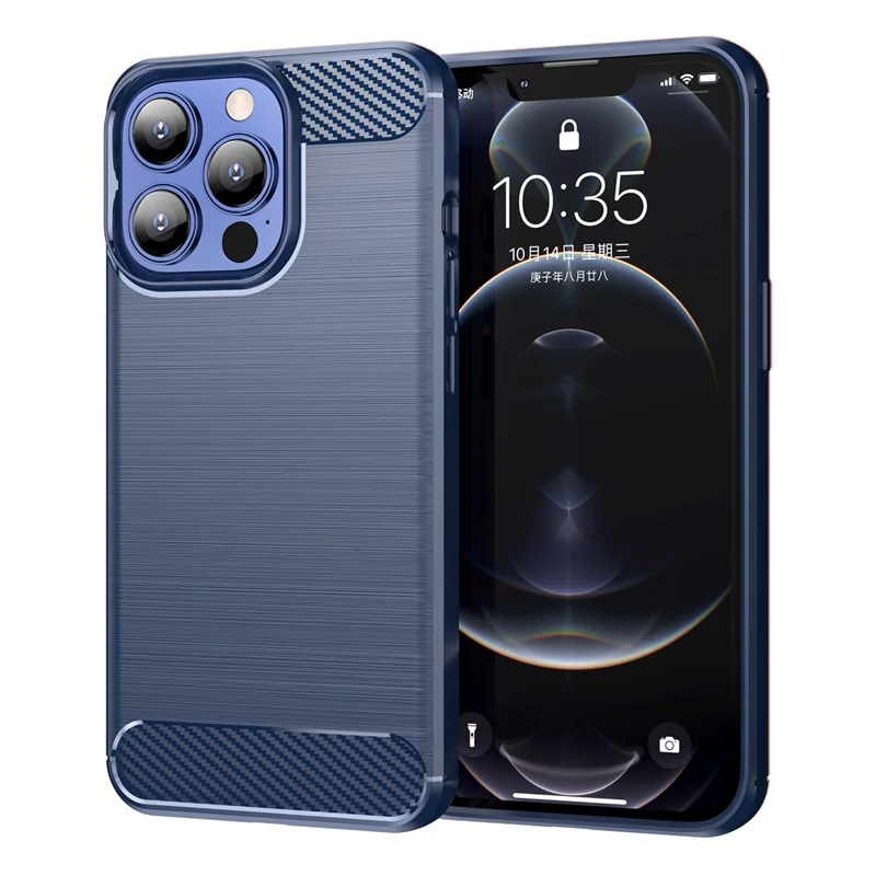 1.8mm Carbon Fiber Brushed Texture Flexible TPU Anti-drop Phone Back Case Cover for iPhone 13 Pro 6.1 inch - Blue