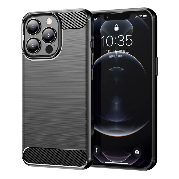1.8mm Stylish Carbon Fiber Brushed Texture Anti-fingerprint Soft TPU Phone Back Case Cover for iPhone 13 Pro Max - Black
