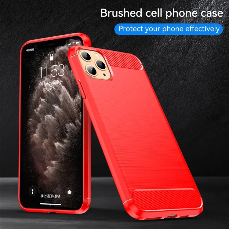 Textura Escovada de Fibra de Carbono de 1,8 mm Capa de Telefone Celular TPU Back Case Para Iphone 11 Pro Max 6,5 Polegadas - Vermelho