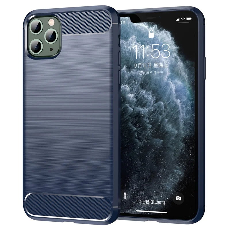 1.8mm Carbon Fiber Brushed Texture Soft TPU Back Case Mobile Phone Cover for iPhone 11 Pro Max 6.5 inch - Blue