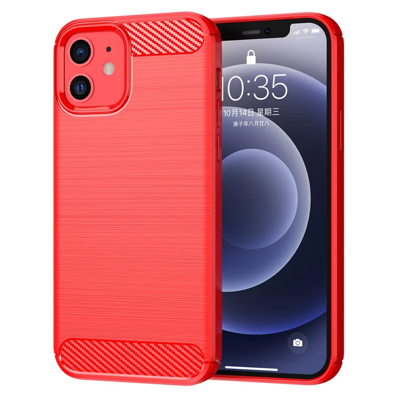 1.8mm Carbon Fiber Brushed Texture Anti-fall Protection Back Case Flexible TPU Cover for iPhone 12/12 Pro 6.1 inch - Red