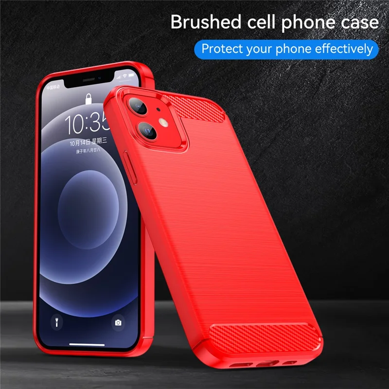1.8mm Carbon Fiber Brushed Texture Anti-fall Protection Back Case Flexible TPU Cover for iPhone 12/12 Pro 6.1 inch - Red