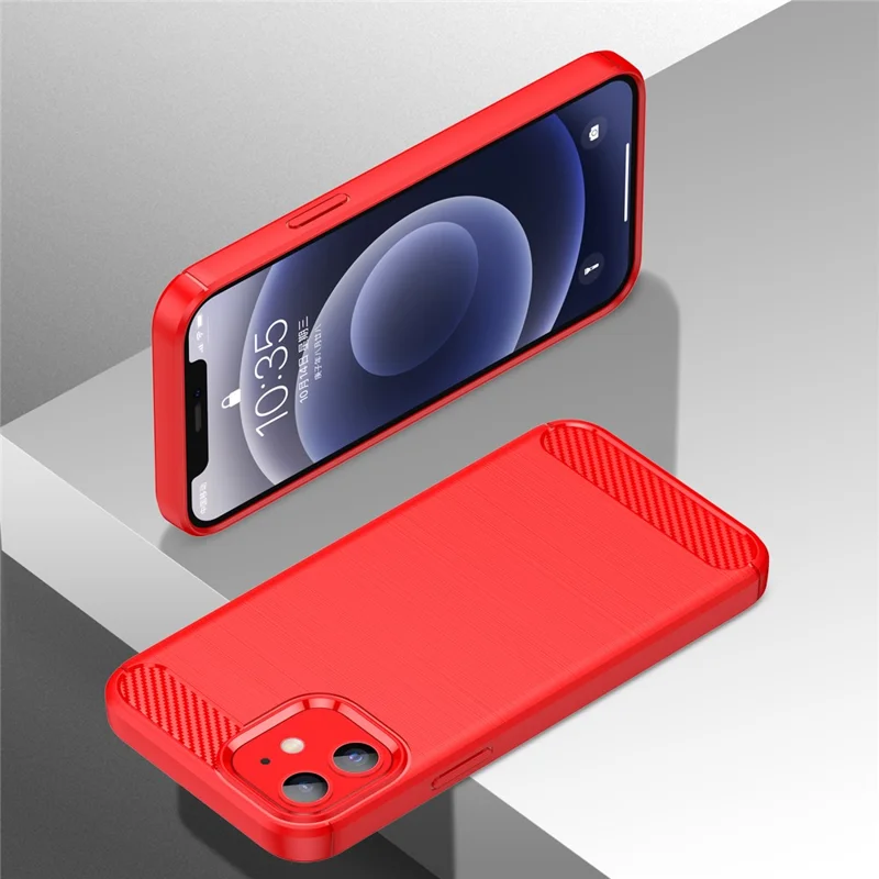 1.8mm Carbon Fiber Brushed Texture Anti-fall Protection Back Case Flexible TPU Cover for iPhone 12/12 Pro 6.1 inch - Red