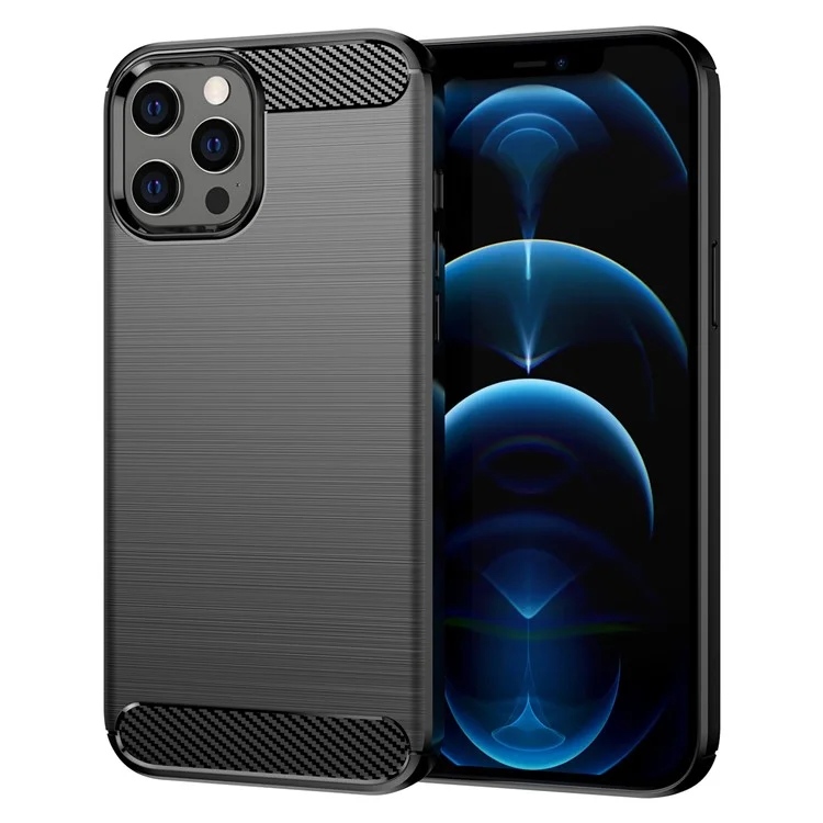 1.8mm Fingerprint-resistant Carbon Fiber Brushed Texture Back Case Flexible TPU Cover for iPhone 12 Pro Max 6.7 inch - Black