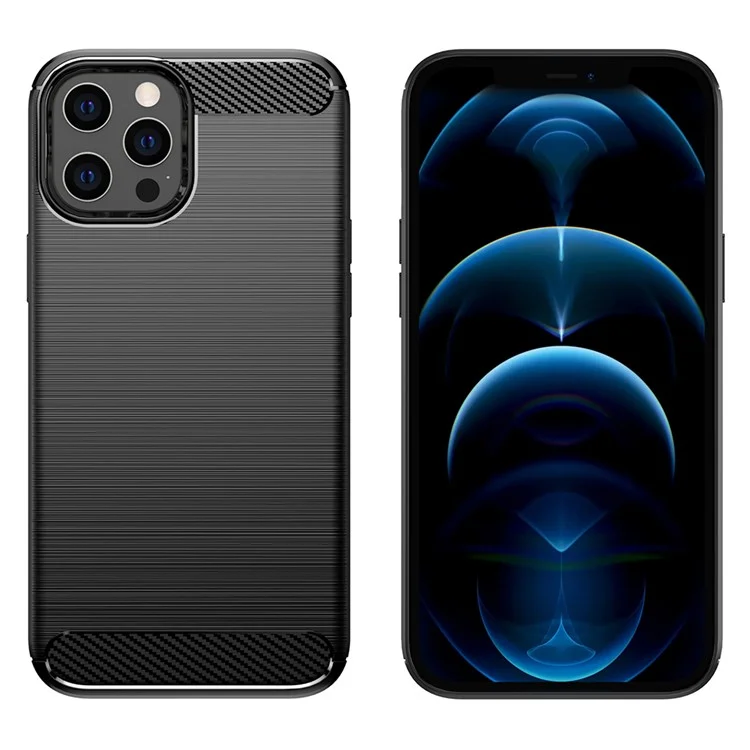 1.8mm Fingerprint-resistant Carbon Fiber Brushed Texture Back Case Flexible TPU Cover for iPhone 12 Pro Max 6.7 inch - Black