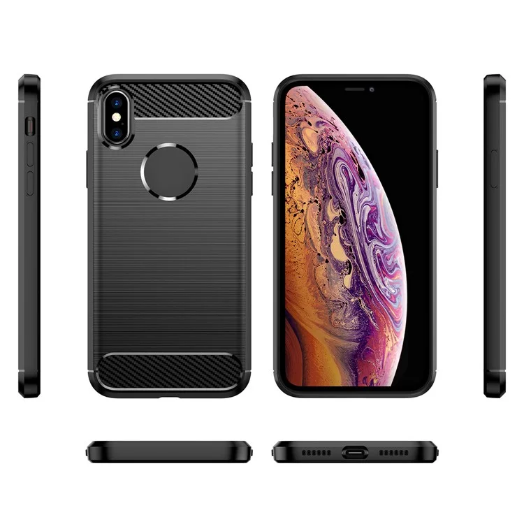 1.8mm Brushed Surface TPU Back Case Carbon Fiber Texture Fall-Resistant Phone Protective Cover for iPhone X/XS 5.8 inch - Black