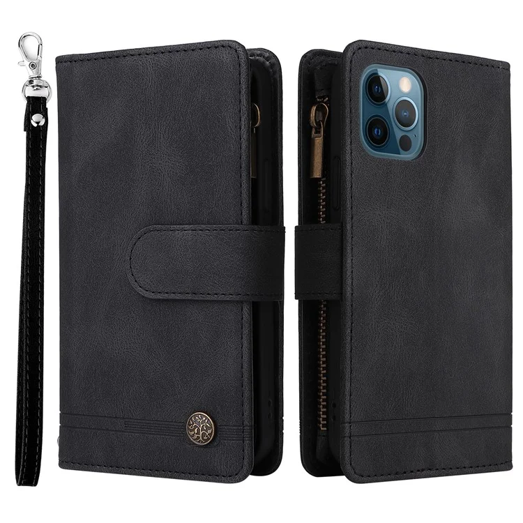 Stripes Imprited Skin-Touch Wallet Ständer Lederabdeckung Multiple Card Slots Flip Schutzhülle Mit Reißverschlusstasche Für IPhone 12/12 Pro 6,1 Zoll - Schwarz