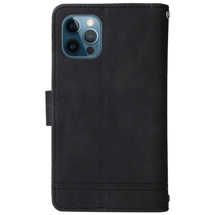 Stripes Imprited Skin-Touch Wallet Ständer Lederabdeckung Multiple Card Slots Flip Schutzhülle Mit Reißverschlusstasche Für IPhone 12/12 Pro 6,1 Zoll - Schwarz