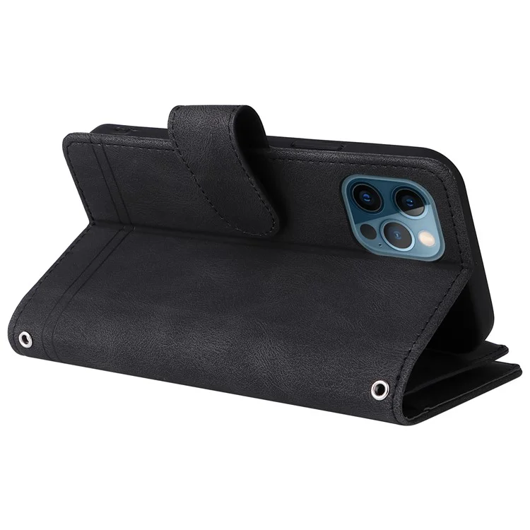 Stripes Imprited Skin-Touch Wallet Ständer Lederabdeckung Multiple Card Slots Flip Schutzhülle Mit Reißverschlusstasche Für IPhone 12/12 Pro 6,1 Zoll - Schwarz