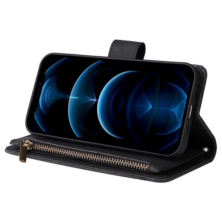 Stripes Imprited Skin-Touch Wallet Ständer Lederabdeckung Multiple Card Slots Flip Schutzhülle Mit Reißverschlusstasche Für IPhone 12/12 Pro 6,1 Zoll - Schwarz