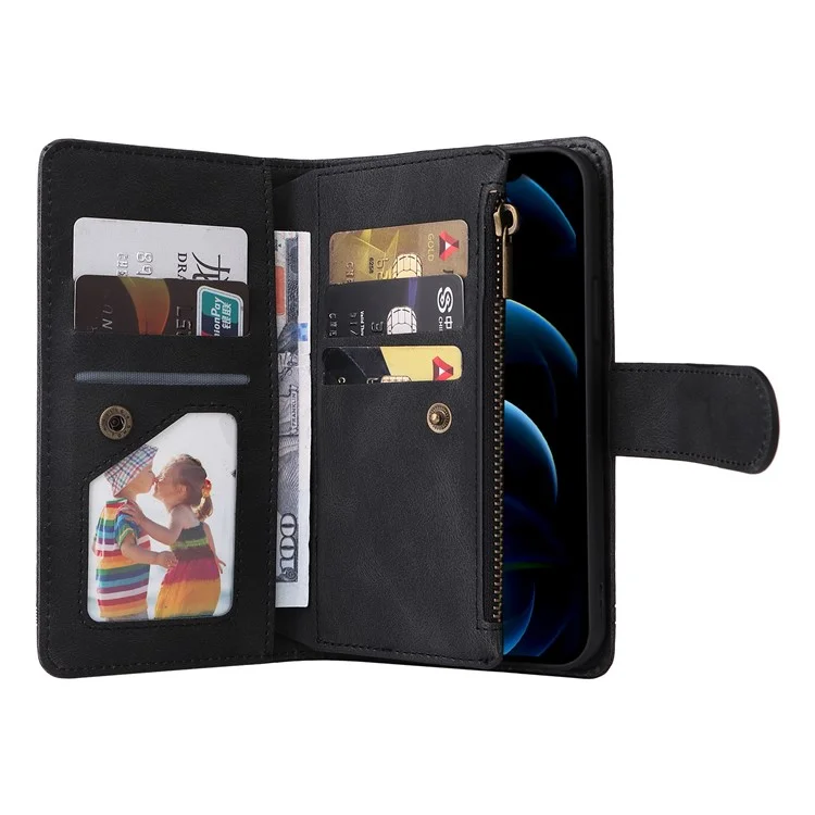 Stripes Imprited Skin-Touch Wallet Ständer Lederabdeckung Multiple Card Slots Flip Schutzhülle Mit Reißverschlusstasche Für IPhone 12/12 Pro 6,1 Zoll - Schwarz