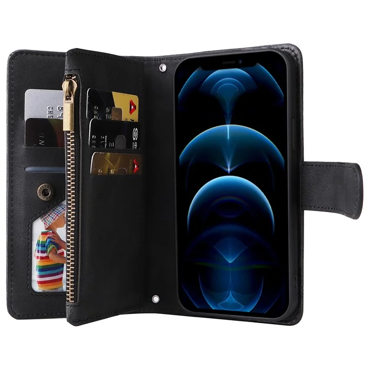 Stripes Imprited Skin-Touch Wallet Ständer Lederabdeckung Multiple Card Slots Flip Schutzhülle Mit Reißverschlusstasche Für IPhone 12/12 Pro 6,1 Zoll - Schwarz