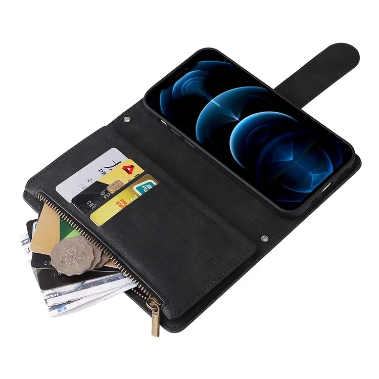 Stripes Imprited Skin-Touch Wallet Ständer Lederabdeckung Multiple Card Slots Flip Schutzhülle Mit Reißverschlusstasche Für IPhone 12/12 Pro 6,1 Zoll - Schwarz