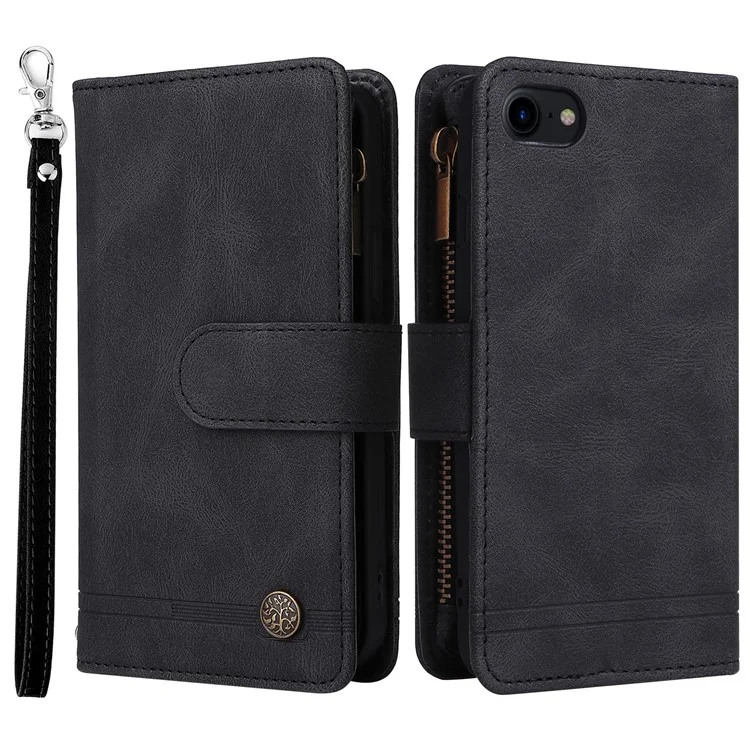 Skin-touch-streifen Eingeprägte Leder-deckungskarten-slots Flip Wallet-ständer Schutzhülle Mit Reißverschlusspockt Für Iphone SE (2022)/SE (2020)/8/7 - Schwarz