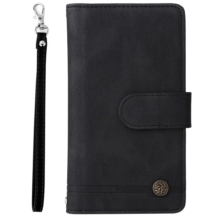 Skin-touch-streifen Eingeprägte Leder-deckungskarten-slots Flip Wallet-ständer Schutzhülle Mit Reißverschlusspockt Für Iphone SE (2022)/SE (2020)/8/7 - Schwarz