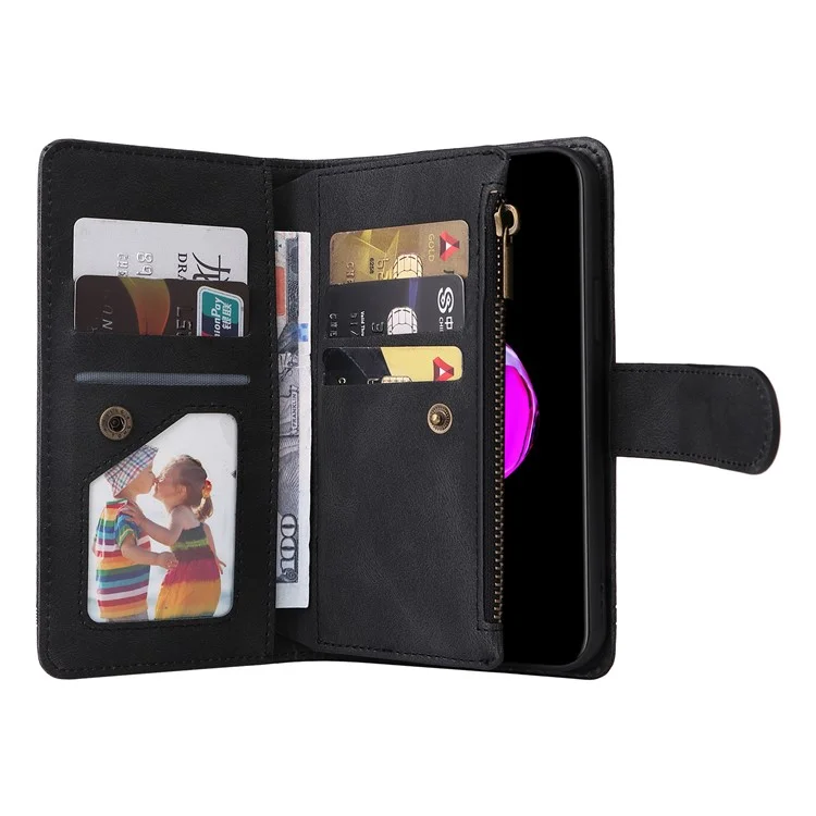 Skin-touch-streifen Eingeprägte Leder-deckungskarten-slots Flip Wallet-ständer Schutzhülle Mit Reißverschlusspockt Für Iphone SE (2022)/SE (2020)/8/7 - Schwarz