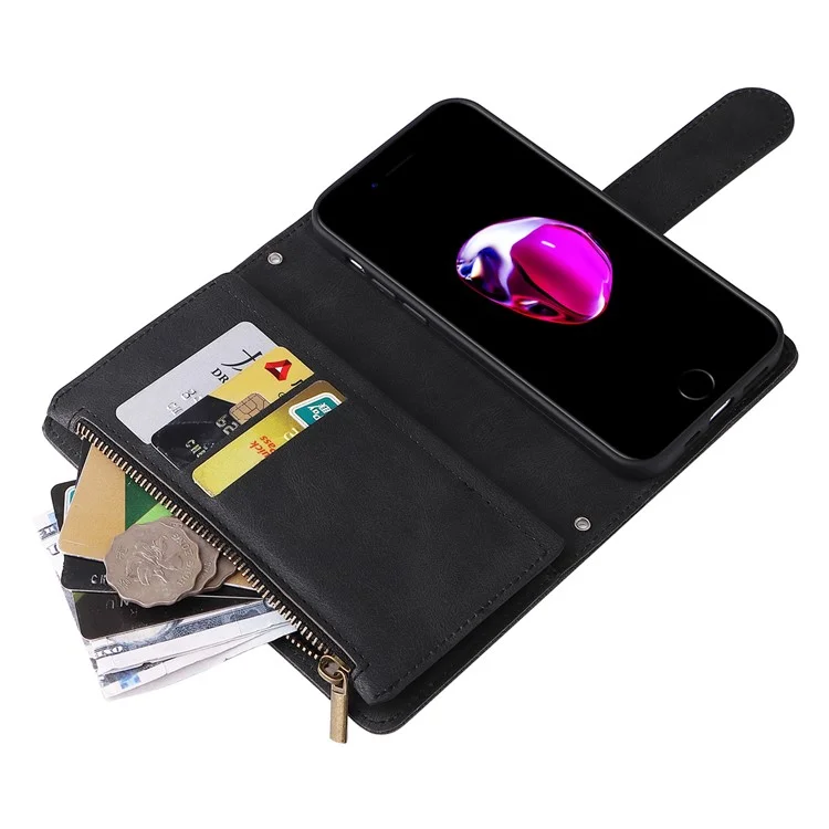 Skin-touch-streifen Eingeprägte Leder-deckungskarten-slots Flip Wallet-ständer Schutzhülle Mit Reißverschlusspockt Für Iphone SE (2022)/SE (2020)/8/7 - Schwarz