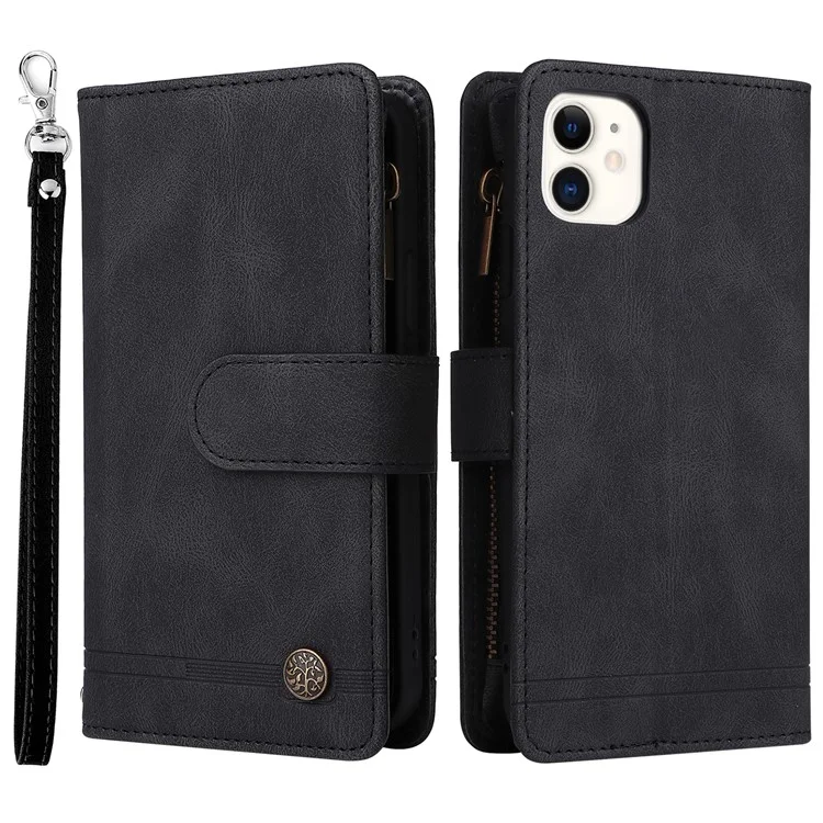 Baumuster Hardware Stripes Imprited Skin-Touch Wallet Stand Leder Cover Card Slots Flip Schutzhülle Mit Reißverschlusstasche Für IPhone 11 6,1 Zoll - Schwarz