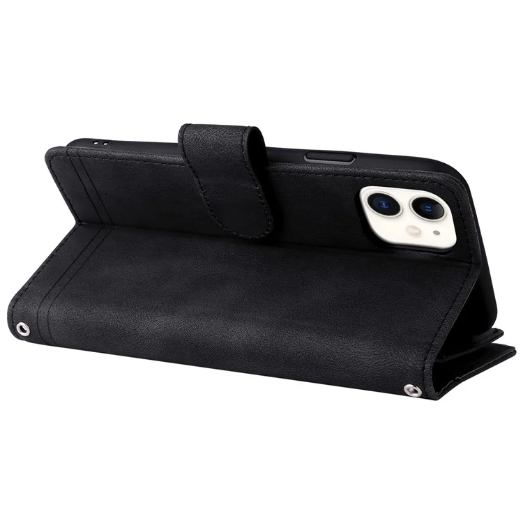 Baumuster Hardware Stripes Imprited Skin-Touch Wallet Stand Leder Cover Card Slots Flip Schutzhülle Mit Reißverschlusstasche Für IPhone 11 6,1 Zoll - Schwarz