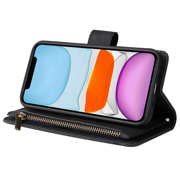 Baumuster Hardware Stripes Imprited Skin-Touch Wallet Stand Leder Cover Card Slots Flip Schutzhülle Mit Reißverschlusstasche Für IPhone 11 6,1 Zoll - Schwarz