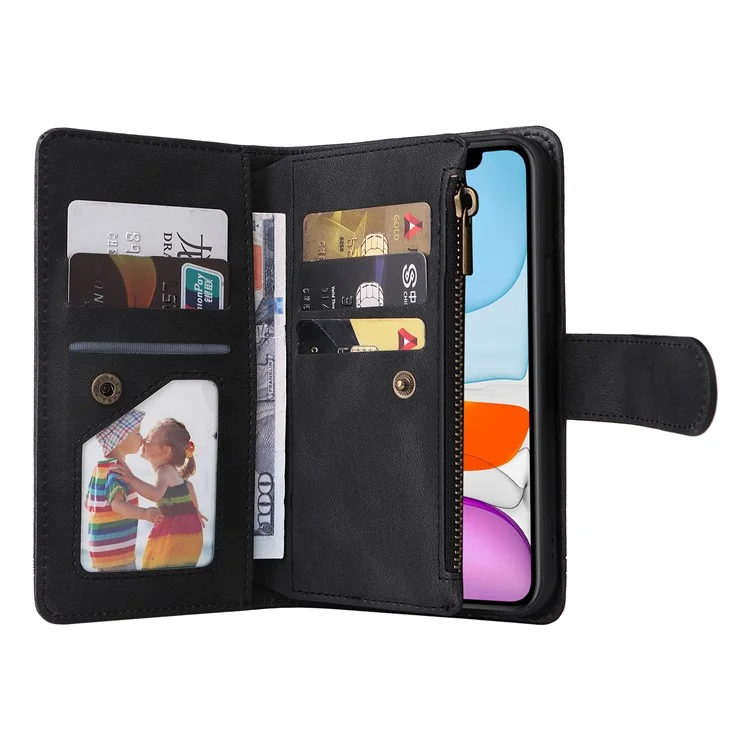 Baumuster Hardware Stripes Imprited Skin-Touch Wallet Stand Leder Cover Card Slots Flip Schutzhülle Mit Reißverschlusstasche Für IPhone 11 6,1 Zoll - Schwarz