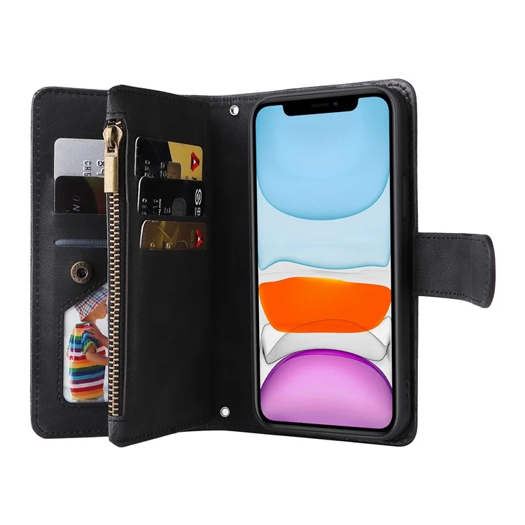 Baumuster Hardware Stripes Imprited Skin-Touch Wallet Stand Leder Cover Card Slots Flip Schutzhülle Mit Reißverschlusstasche Für IPhone 11 6,1 Zoll - Schwarz