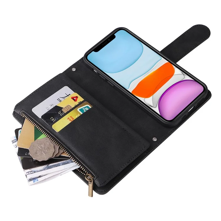 Baumuster Hardware Stripes Imprited Skin-Touch Wallet Stand Leder Cover Card Slots Flip Schutzhülle Mit Reißverschlusstasche Für IPhone 11 6,1 Zoll - Schwarz