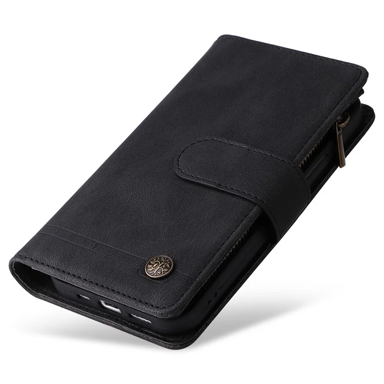 Baumuster Hardware Stripes Imprited Skin-Touch Wallet Stand Leder Cover Card Slots Flip Schutzhülle Mit Reißverschlusstasche Für IPhone 11 6,1 Zoll - Schwarz