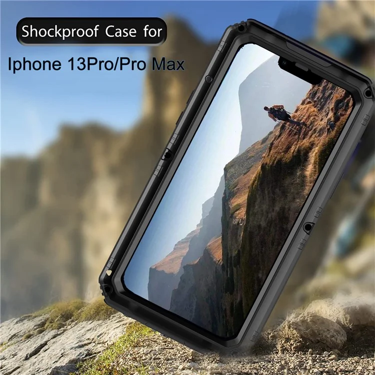 Shockproof Waterproof Dust-proof Drop-roof Silicone + Metal Full Cover Phone Case Hybrid Shell for iPhone 13 Pro Max 6.7 inch - Black