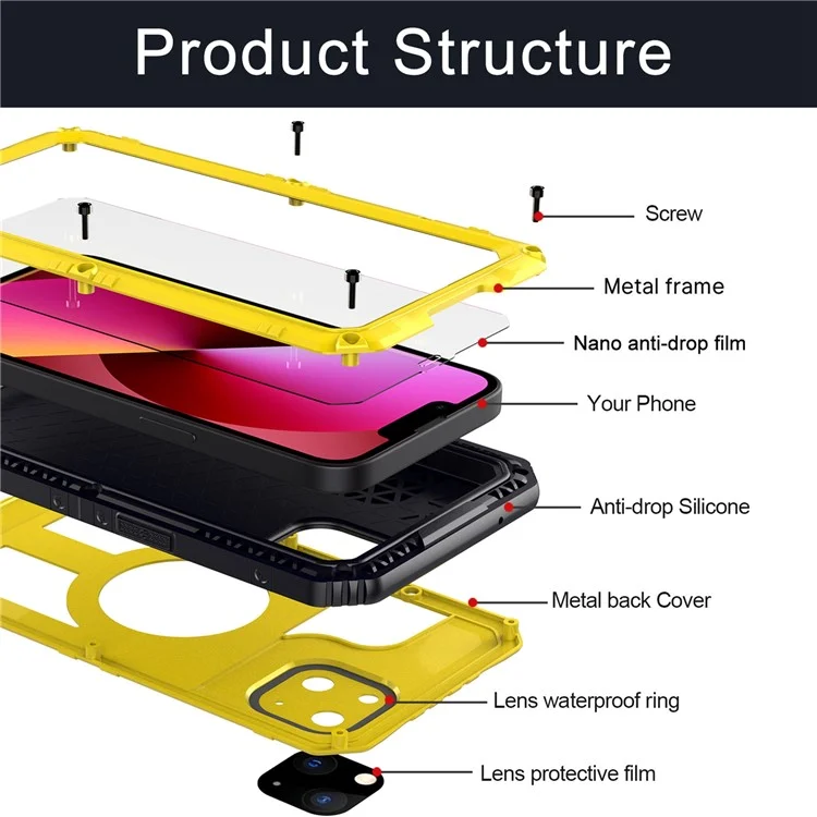 Anti-drop Shockproof Waterproof Dust-proof Silicone + Metal Protective Phone Case Shell for iPhone 13 6.1 inch - Yellow