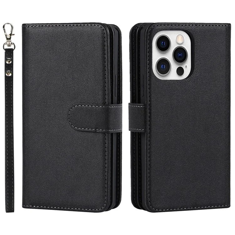 Detachable PU Leather Wallet Stand Case Non-slip Grip Phone Shell with Wrist Strap for iPhone 13 Pro 6.1 inch - Black