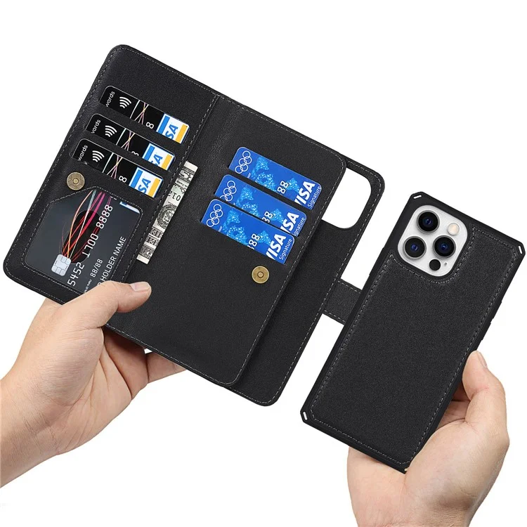 Detachable PU Leather Wallet Stand Case Non-slip Grip Phone Shell with Wrist Strap for iPhone 13 Pro 6.1 inch - Black