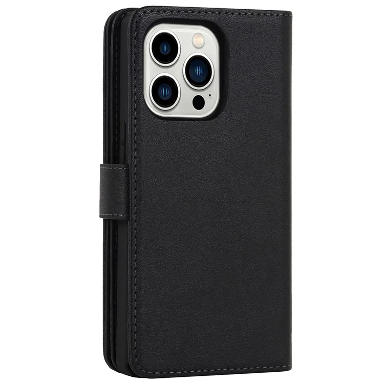 Detachable PU Leather Wallet Stand Case Non-slip Grip Phone Shell with Wrist Strap for iPhone 13 Pro 6.1 inch - Black