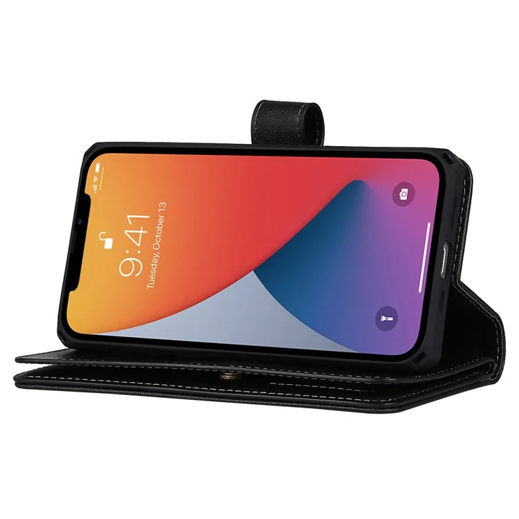 Detachable PU Leather Wallet Stand Case Non-slip Grip Phone Shell with Wrist Strap for iPhone 13 Pro 6.1 inch - Black