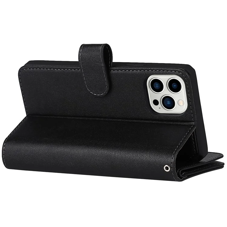 Detachable PU Leather Wallet Stand Case Non-slip Grip Phone Shell with Wrist Strap for iPhone 13 Pro 6.1 inch - Black