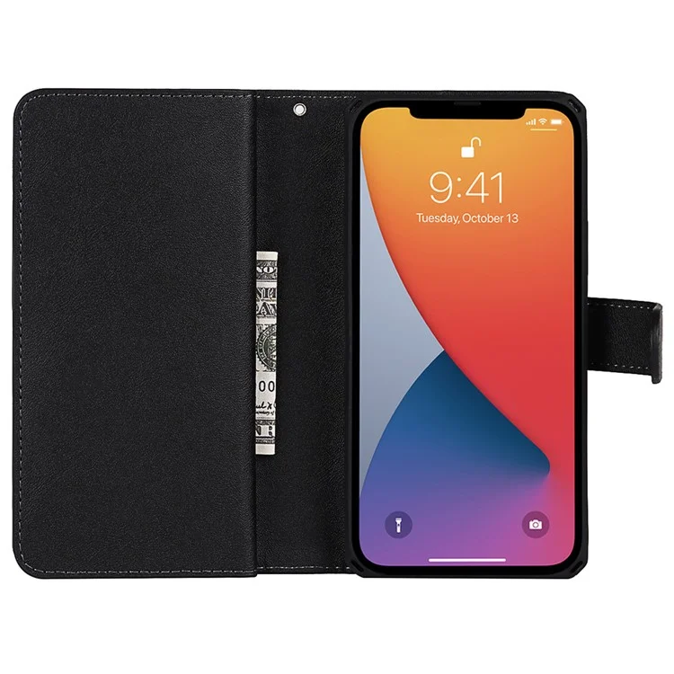 Detachable PU Leather Wallet Stand Case Non-slip Grip Phone Shell with Wrist Strap for iPhone 13 Pro 6.1 inch - Black