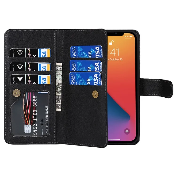 Detachable PU Leather Wallet Stand Case Non-slip Grip Phone Shell with Wrist Strap for iPhone 13 Pro 6.1 inch - Black