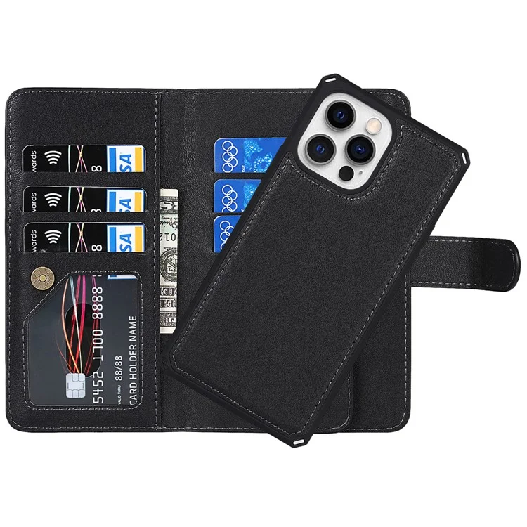Detachable PU Leather Wallet Stand Case Non-slip Grip Phone Shell with Wrist Strap for iPhone 13 Pro 6.1 inch - Black