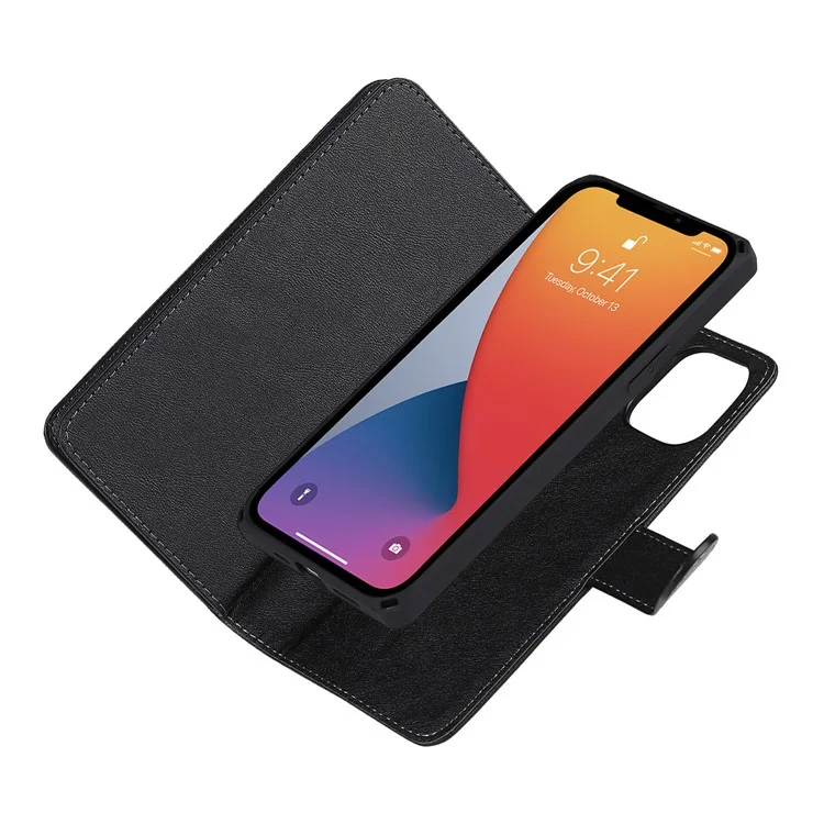 Detachable PU Leather Wallet Stand Case Non-slip Grip Phone Shell with Wrist Strap for iPhone 13 Pro 6.1 inch - Black