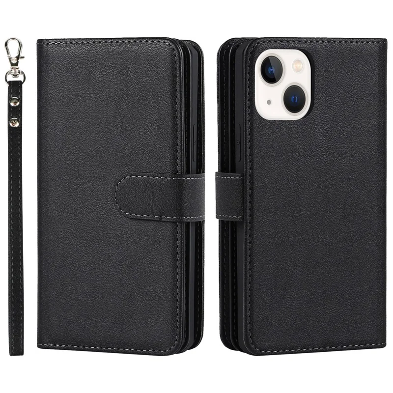 Fall-proof Detachable PU Leather Wallet Stand Phone Case Shell with Wrist Strap for iPhone 13 6.1 inch - Black