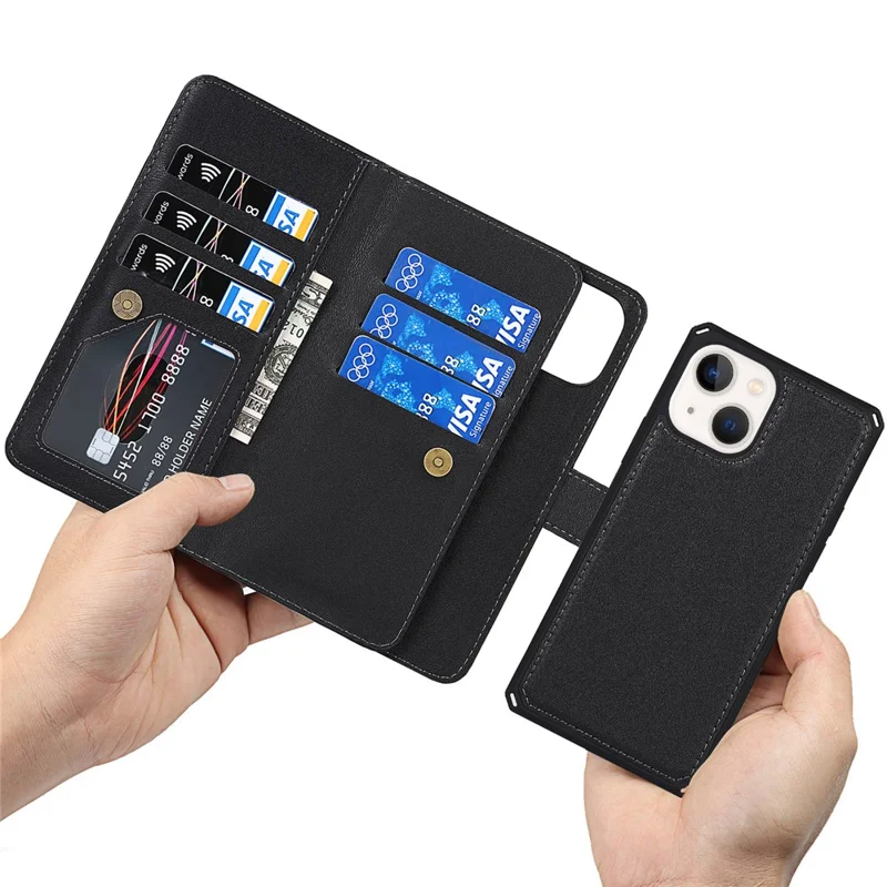 Fall-proof Detachable PU Leather Wallet Stand Phone Case Shell with Wrist Strap for iPhone 13 6.1 inch - Black