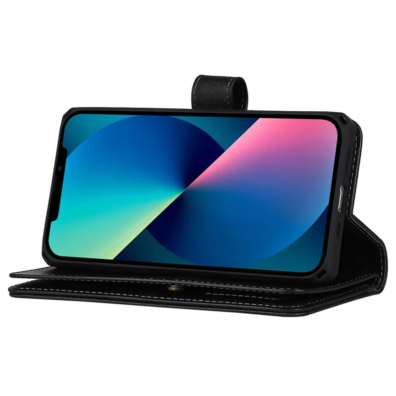 Fall-proof Detachable PU Leather Wallet Stand Phone Case Shell with Wrist Strap for iPhone 13 6.1 inch - Black